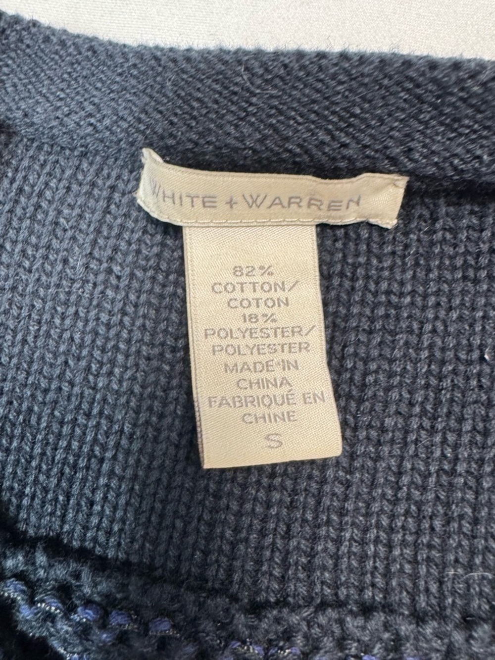 White + Warren Navy Ribbed Cotton-Blend Crewneck Sweater Size S - Picture 6 of 7